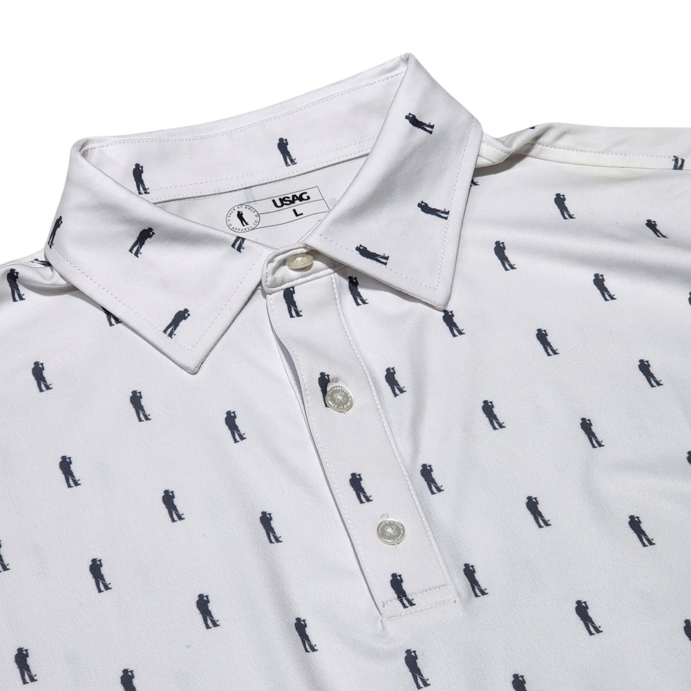 USAG Golf Polo Shirt Golfer Print Athletic Fit Short Sleeve White Large - Picture 7 of 7